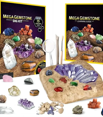 Kit geodo de cristais com pedras coloridas, ferramentas para explorar e aprender a ciência dos minerais.