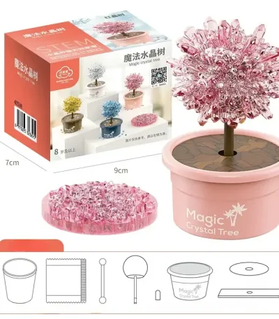 Árvore de cristal mágico em um vaso rosa, decoração científica e lúdica para casa ou escritório, com kit de montagem incluído.