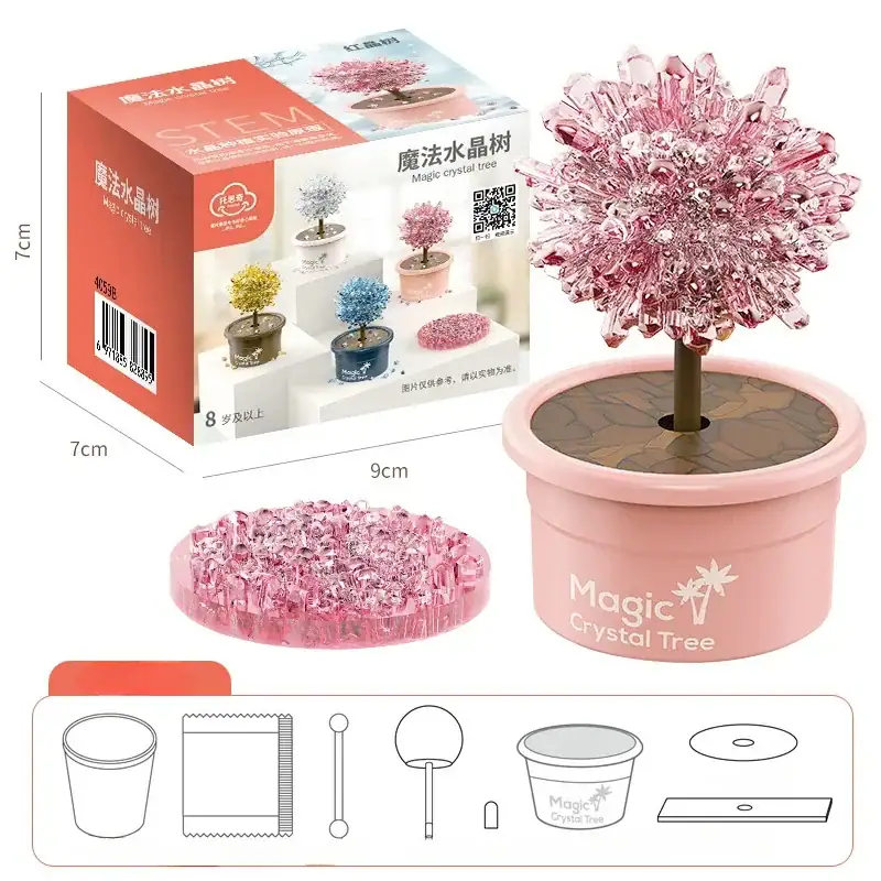 Árvore de cristal mágico em um vaso rosa, decoração científica e lúdica para casa ou escritório, com kit de montagem incluído.
