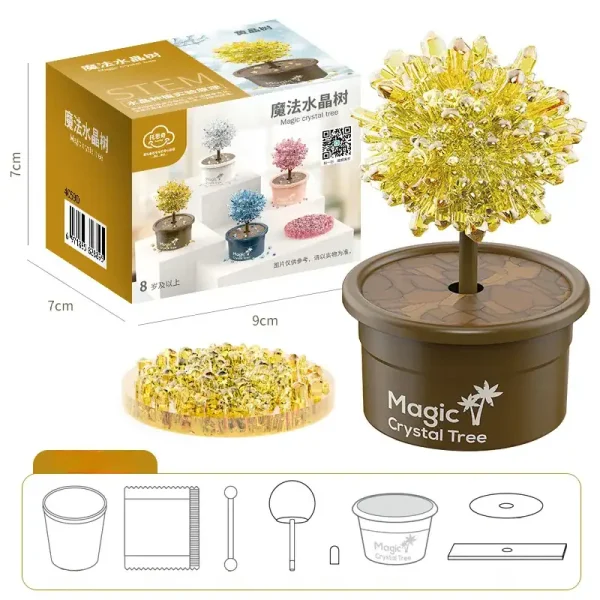 Árvore de cristal mágico em um vaso decorativo, ideal para decoração científica ou como objeto de coleção. Fácil de montar, este kit inclui uma árvore em cristais coloridos e um suporte em pó.