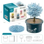 Árvore mágica de cristal de gelo em um vaso, com caixa de embalagem, perfeita para decoração científica ou presente educativo.