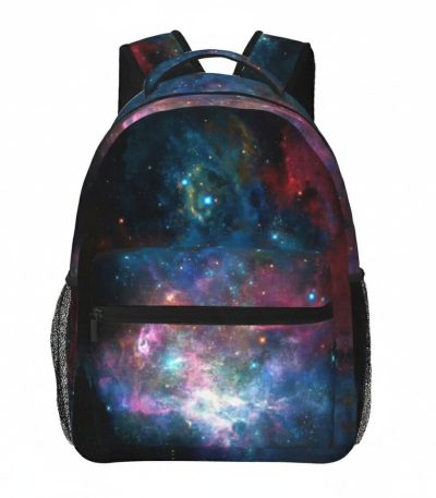 Mochila com padrão de galáxia, design cósmico, ideal para estudantes e amantes de astronomia.