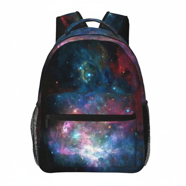 Mochila com padrão de galáxia, design cósmico, ideal para estudantes e amantes de astronomia.