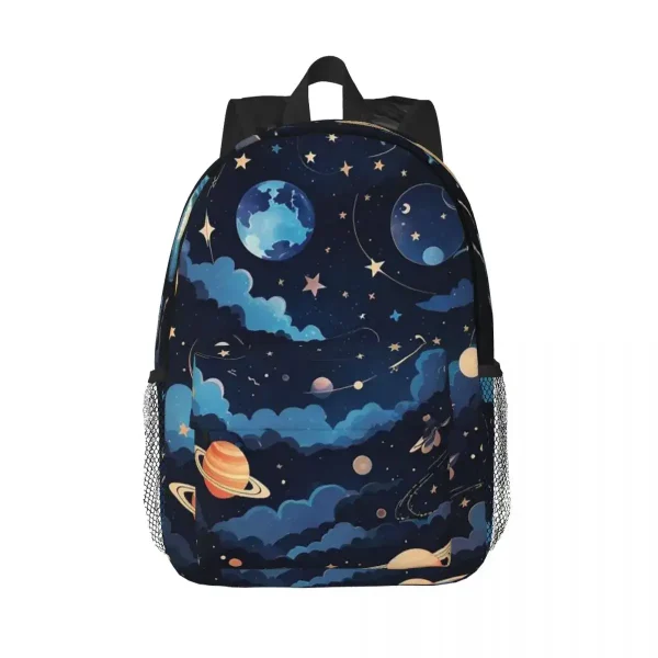 Mochila com padrão de espaço e planetas, ideal para os amantes de astronomia e ciência, perfeita para a escola ou atividades ao ar livre.
