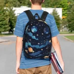 Mochila para crianças com padrão de espaço e planetas, ideal para a escola ou atividades científicas, inspirada no universo e na astronomia.