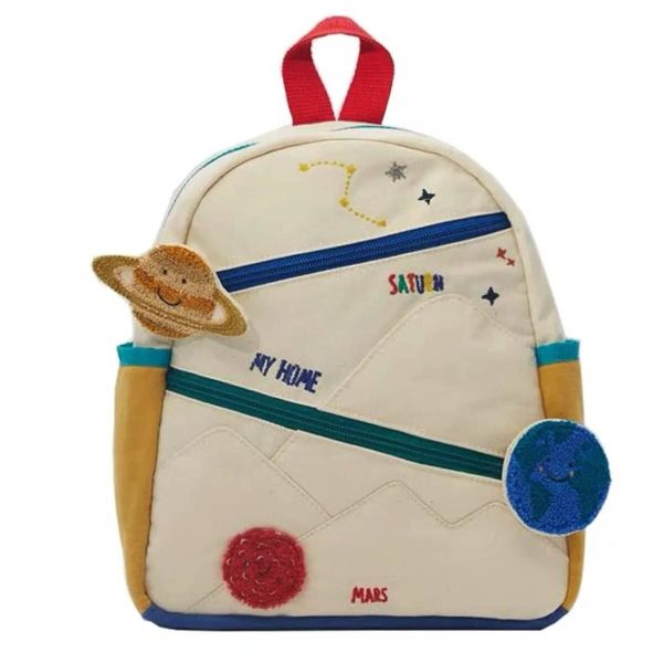 Mochila infantil com tema espacial, decorações de planetas e estrelas, ideal para a escola ou atividades lúdicas.