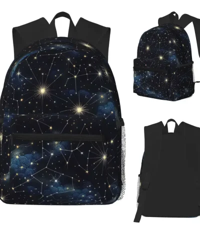 Mochila com padrão de constelação e estrelas brilhantes, perfeita para os amantes da astronomia e da ciência. Design inspirado no universo, ideal para a escola ou passeios.