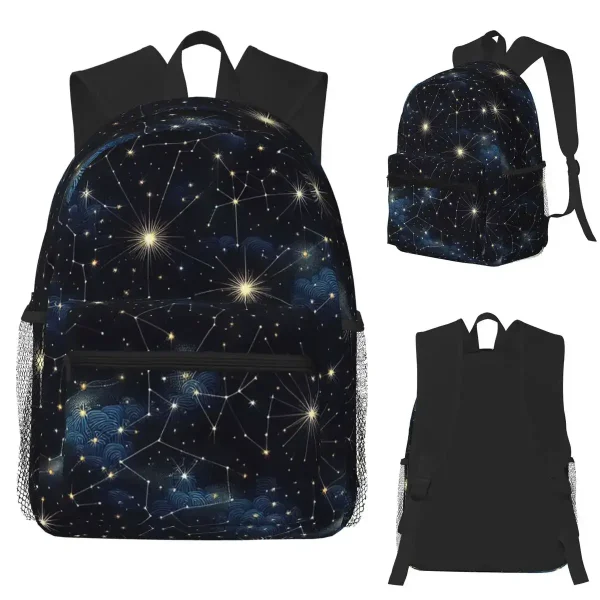 Mochila com padrão de constelação e estrelas brilhantes, perfeita para os amantes da astronomia e da ciência. Design inspirado no universo, ideal para a escola ou passeios.