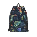 Mochila tema espaço com planetas e estrelas coloridas.