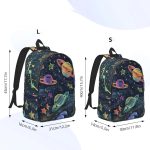Mochila escolar com padrão de planetas e estrelas no espaço.