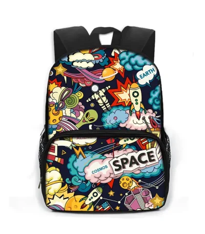 Mochila infantil com padrões de cosmos, foguete, planetas e estrelas, perfeita para os amantes de espaço e ciência.