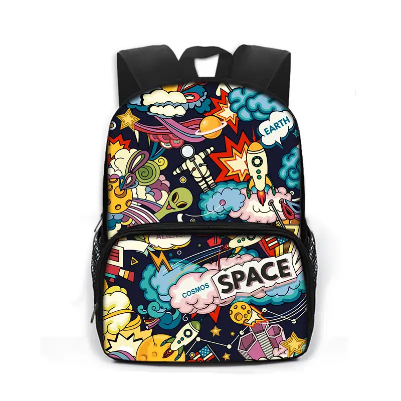 Mochila infantil com padrões de cosmos, foguete, planetas e estrelas, perfeita para os amantes de espaço e ciência.