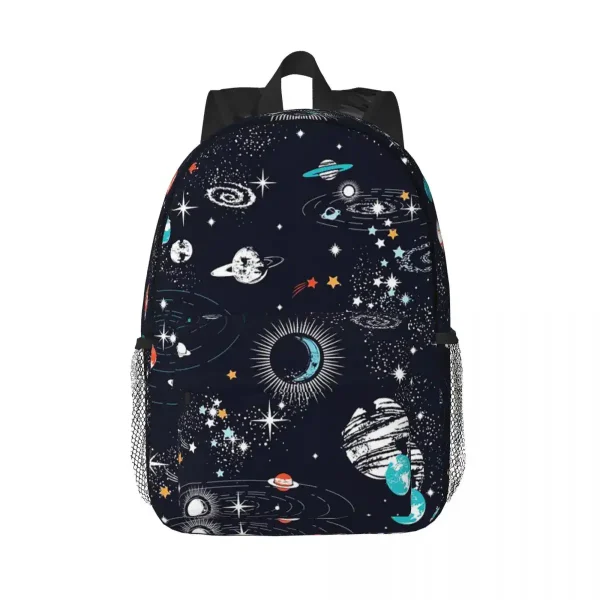 Mochila com padrão de espaço e planetas.