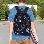 Mochila temática espaço com padrões de planetas, estrelas e galáxias, ideal para os amantes de astronomia e ciências.