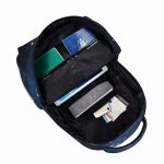 Mochila científica com vários compartimentos para livros, acessórios e material de laboratório, ideal para estudantes e profissionais da ciência.