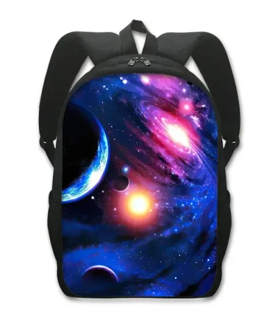 Mochila escolar com padrão de galáxia representando planetas e estrelas no espaço, ideal para estudantes apaixonados por astronomia e ciências.