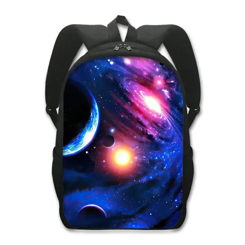 Mochila escolar com padrão de galáxia representando planetas e estrelas no espaço, ideal para estudantes apaixonados por astronomia e ciências.