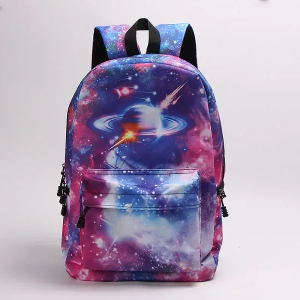Mochila galáxia com estampa cósmica e planetas.