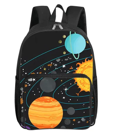 Mochila com estampa planetária e espaço.
