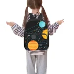 Mochila infantil com estampa de planetas e espaço, ideal para a escola ou atividades lúdicas.