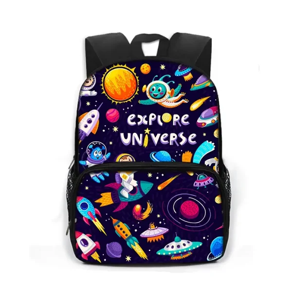Mochila infantil com tema espacial e universo, perfeita para a escola ou atividades científicas. Design colorido com planetas, foguetes, astronautas e exploração espacial.