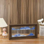 Vitrine de madeira contendo uma cena de montanhas em resina azul e branca, ideal para uma decoração científica ou natural.