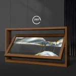Moldura em madeira com vidro contendo uma rocha natural, exposta em um ambiente moderno, ideal para decoração científica ou educativa.