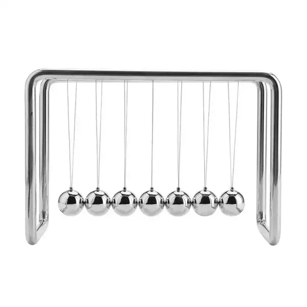 Pêndulo de Newton em aço inoxidável, modelo de pêndulo newtoniano com esferas metálicas suspensas, ilustrando a conservação de energia e a física.