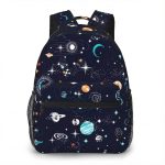 Mochila com padrão de espaço e planetas.