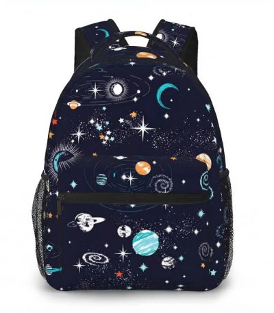 Mochila com padrão de espaço e planetas.