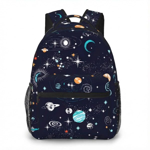 Mochila com padrão de espaço e planetas.