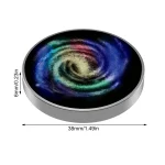 Empurrador de ciência redondo com vórtice colorido em espiral, design moderno e científico, ideal para decoração ou experiência educativa.