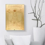 Reprodução do esboço de Vitrúvio de Leonardo da Vinci, ilustrando as proporções ideais do corpo humano num estilo artístico antigo.