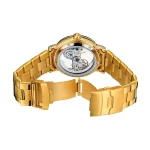 Relógio mecânico dourado com pulseira em aço, vista traseira.