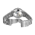 Relógio mecânico transparente em aço com movimento visível, pulseira em metal, design moderno e sofisticado, ideal para os amantes de relojoaria.