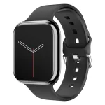 Relógio inteligente com ecrã tátil e pulseira de silicone preta.