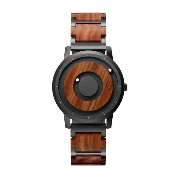 Relógio em madeira e metal com design moderno e sofisticado, combinando materiais naturais e acabamento elegante. Perfeito para um estilo único e ecológico.