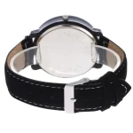 Relógio científico com pulseira em couro preto e caixa em aço inoxidável, ideal para decoração de estilo científico ou para amantes de gadgets técnicos.