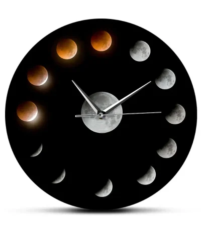 Relógio de parede representando as diferentes fases da lua, com um design moderno e elegante, ideal para decoração científica ou astronómica.