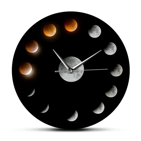 Relógio de parede representando as diferentes fases da lua, com um design moderno e elegante, ideal para decoração científica ou astronómica.