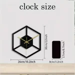 Relógio de parede design com moldura geométrica preta, dimensões 26cm x 30cm, ideal para decoração interior moderna e elegante.