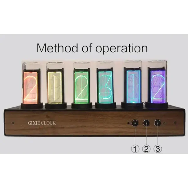 Relógio Nixie LED em madeira com números luminosos coloridos exibindo 1, 2, 3, 4, 5, 6.