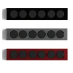 Três painéis de controle científicos coloridos com botões redondos, em preto, cinza e vermelho, perfeitos para decoração de laboratório ou espaço científico.
