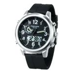 Relógio científico com exibição digital e analógica, resistente até 50 metros, design moderno com pulseira em silicone preto.
