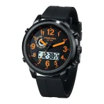 Relógio científico com mostrador analógico e digital, caixa preta robusta, pulseira de silicone, perfeito para os amantes de ciências e aventura.