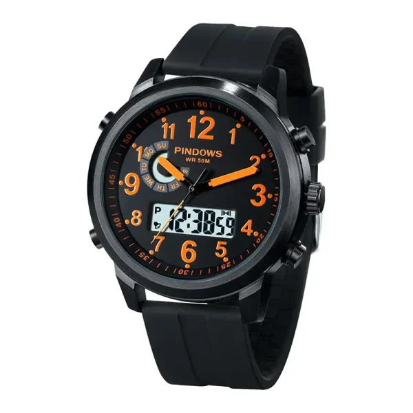 Relógio científico com mostrador analógico e digital, caixa preta robusta, pulseira de silicone, perfeito para os amantes de ciências e aventura.