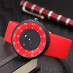Relógio científico com mostrador digital e pulseira vermelha, ideal para os amantes de gadgets tecnológicos e decoração científica.