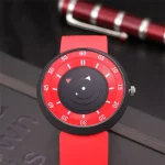 Relógio com exibição única com mostrador rotativo e design moderno, ideal para os amantes de gadgets originais e decoração científica.