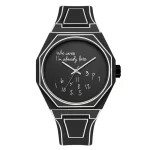 Relógio com design científico e mostrador preto com inscrição humorística "Quem se importa, já estou atrasado", ideal para os amantes de ciência e decoração original.