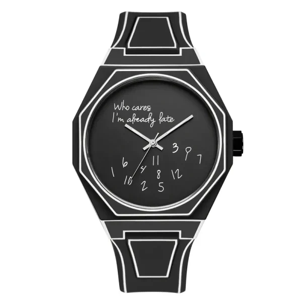 Relógio com design científico e mostrador preto com inscrição humorística "Quem se importa, já estou atrasado", ideal para os amantes de ciência e decoração original.
